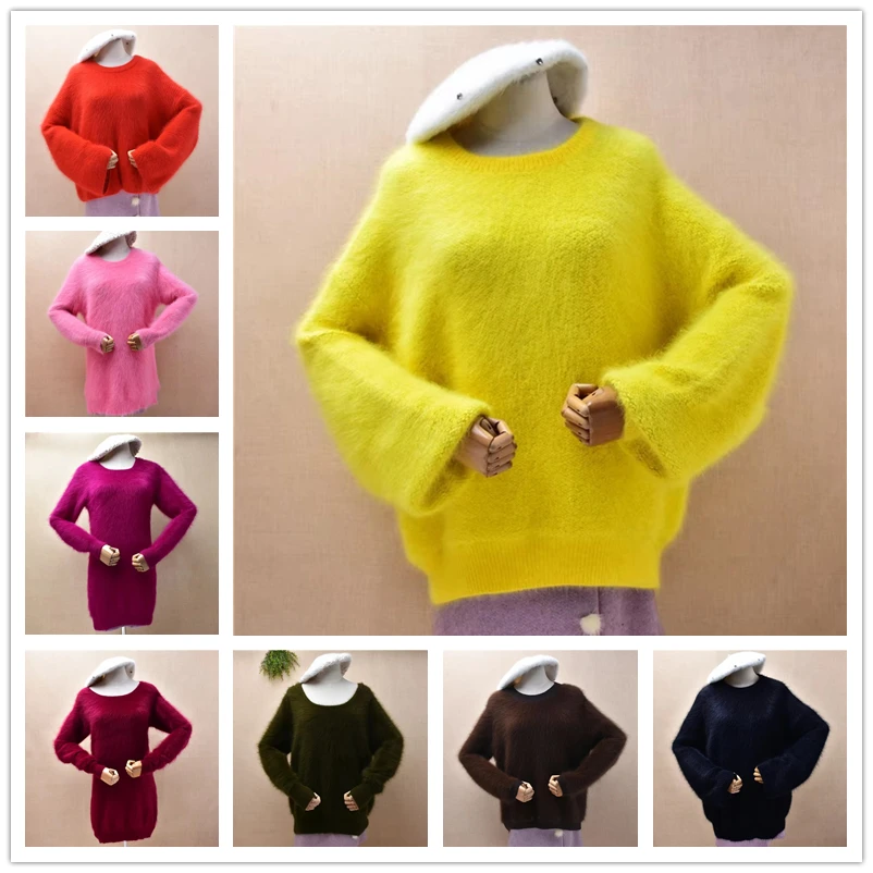 

Women Mujer Korean Fashion Thick Warm Hairy Mink Cashmere Knitted O-Neck Long Batwing Sleeves Loose Pullover Sweater Jumper Pull