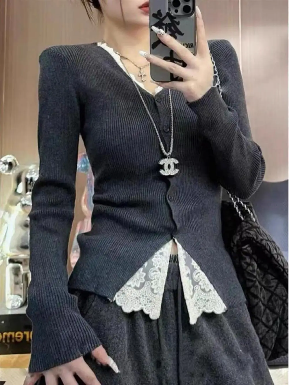 

ay Lace Splice Knitted Long Sve Women's Sweater Slim Fit Base irt High-End Feeling Autumn Winter Faion Inner Wear