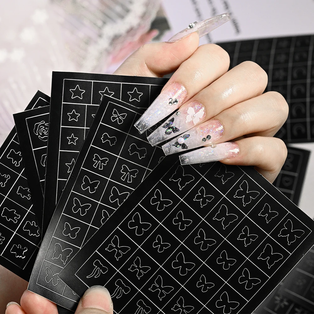 25 Style Heart Bow Stars Pattern Airbrush Stencil For Nails 2in1 Hollow Templates For French Manicure Tips Decals for Nail Salon