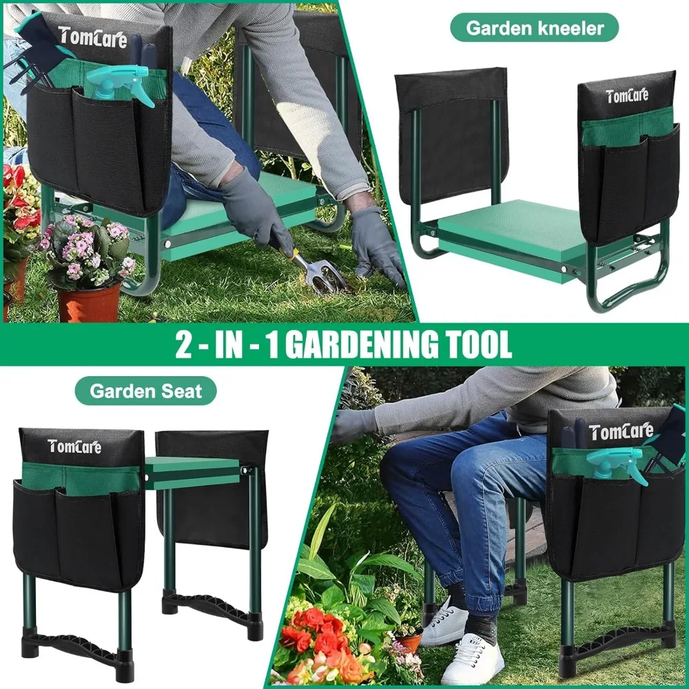 Foldable Garden Kneeler Seat with 10.64" Wide Soft Pad, 400lb Capacity, Tool Pouches & Non-Slip Feet