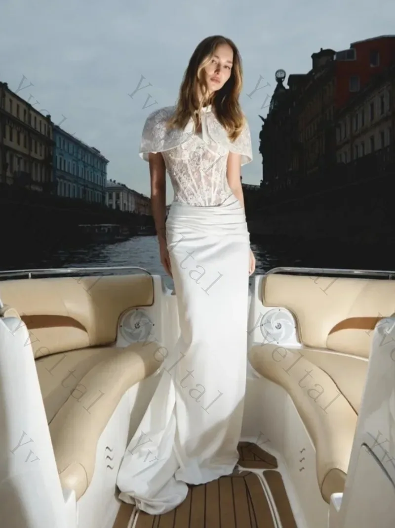Customized Two Piece White Wedding Dresses Floral Lace Cape Corset Top Draped Satin Mermaid Skirt Bow Neck Cape Bridal Gown