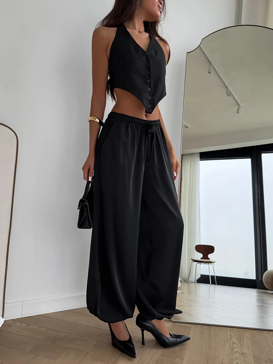 2026 Summer Women Harem Pants High Waist Drawstring Loose Wide Leg Trousers Green Casual Beach Vacation Outfit