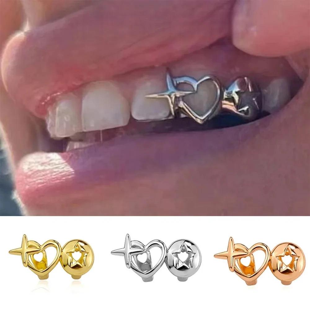 Punk Hip Hop Hollow Heart Teeth Caps for Women Men Vintage Silver Color Double Love Star Tooth Grills Couple Jewelry Accessories