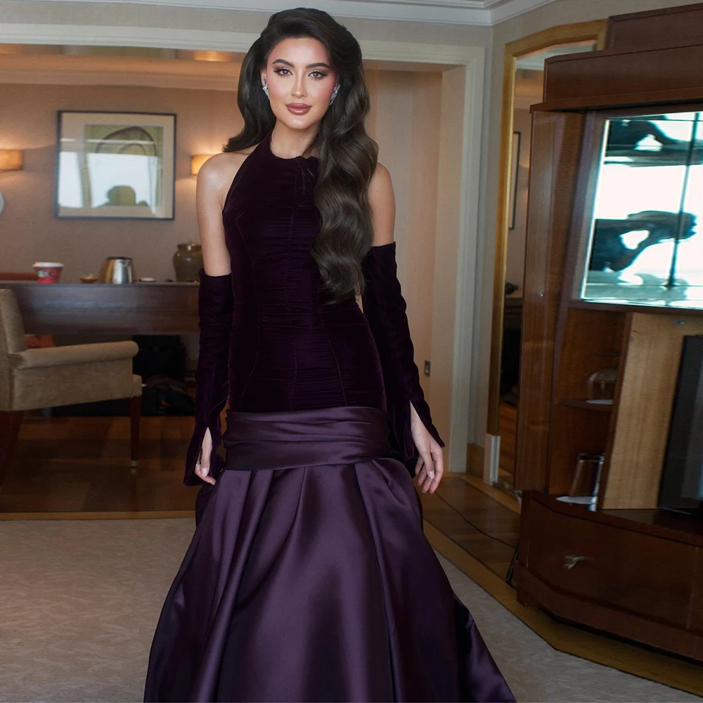 Fioletowa sukienka wieczorowa z weluru i satyny, elegancka, z trenem, sukienka na powrót do szkoły, formalna, syreni krój, kontrastowe kolory, suknia na specjalną okazję.