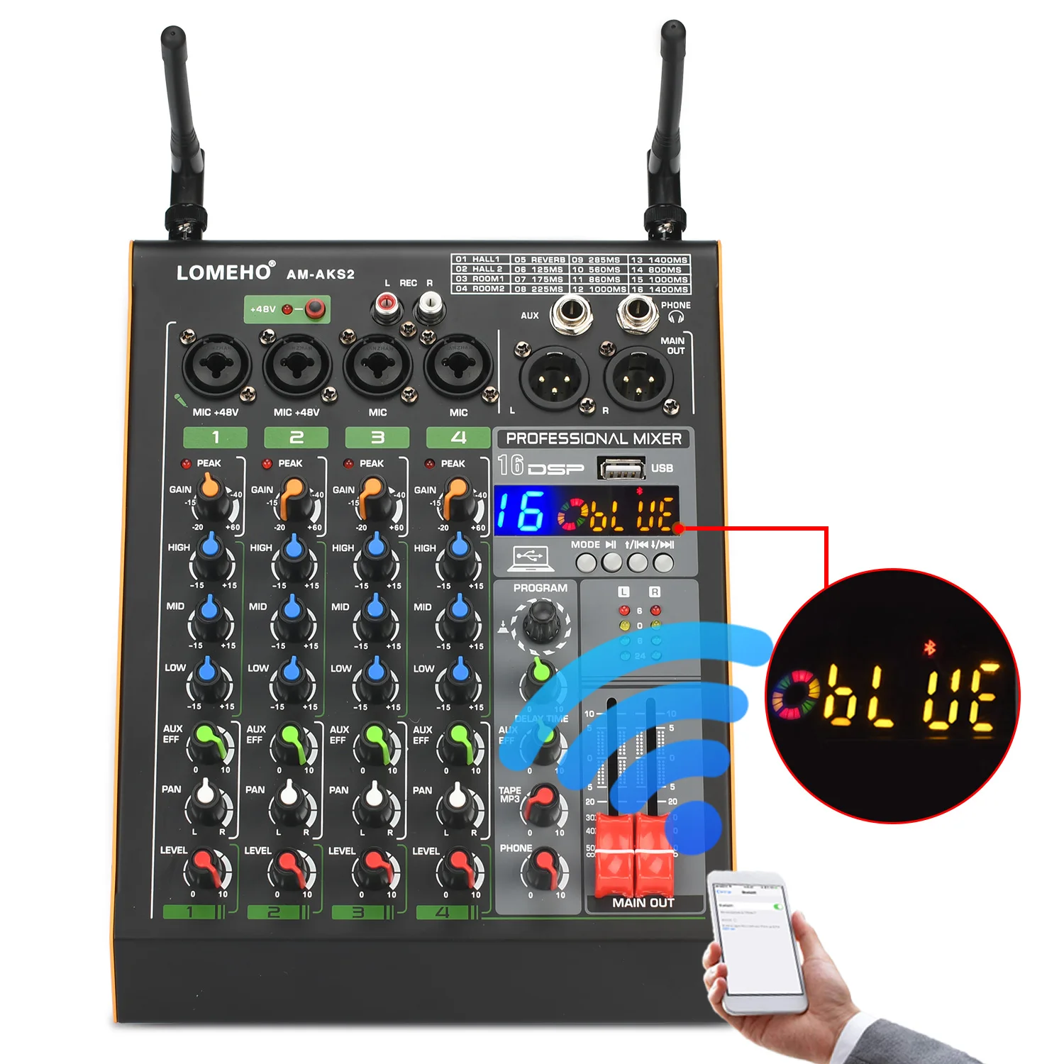 Imagem -02 - Lomeho Profissional Console de Mistura Som Canal 16 Efeito Áudio Mixer com Freqüência Ajustável Microfone sem Fio Am-aks2