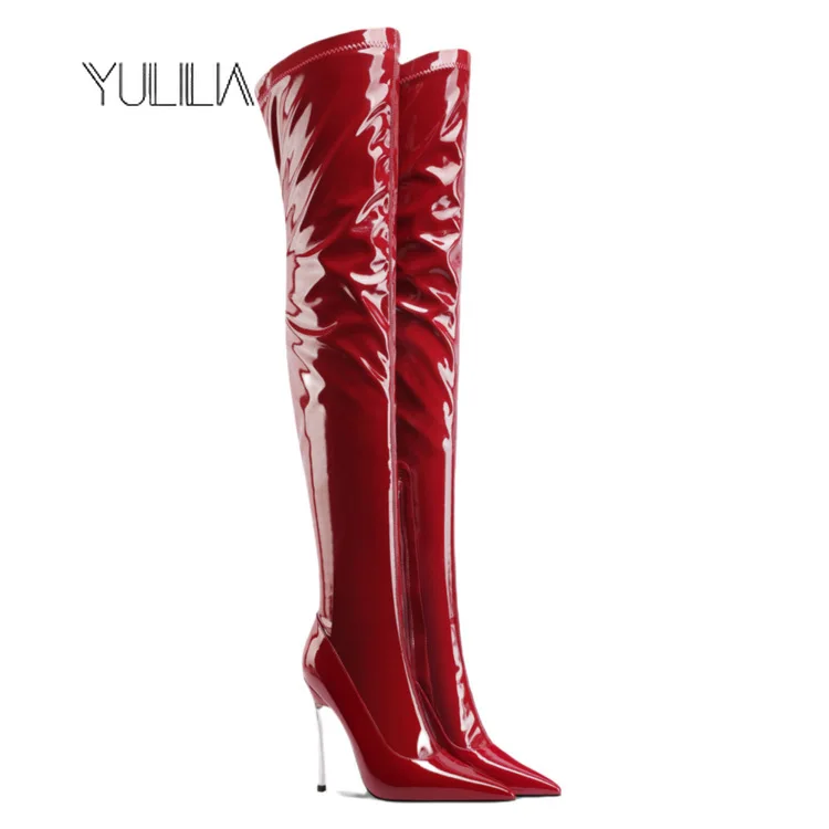 

YULILIA Trendy Sexy Woman Women's Original Design Pointed Stiletto Red Patent Leather High Heel Over The Knee Boots Thigh Boots
