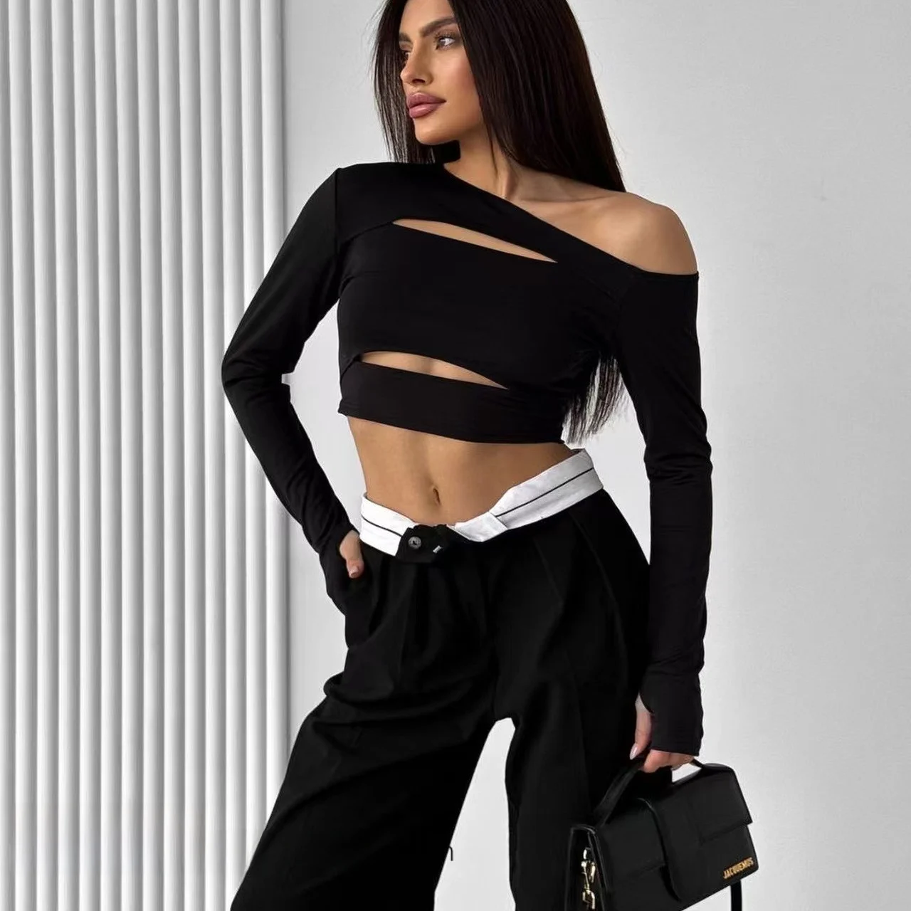 

Faionable сексуальная длинная футболка све с вырезами, топ с колючками для поездок на работу, облегающая цветная летняя женская футболка