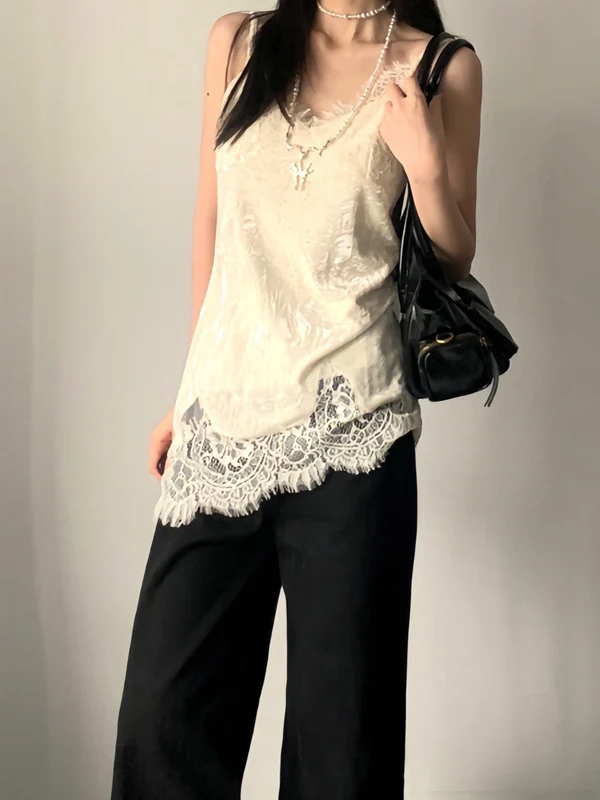 Lace Patchwork V-neck Strap Vest Women Slimming Inner Wear Top Korean Style Layered Wear Strap Dress Cover