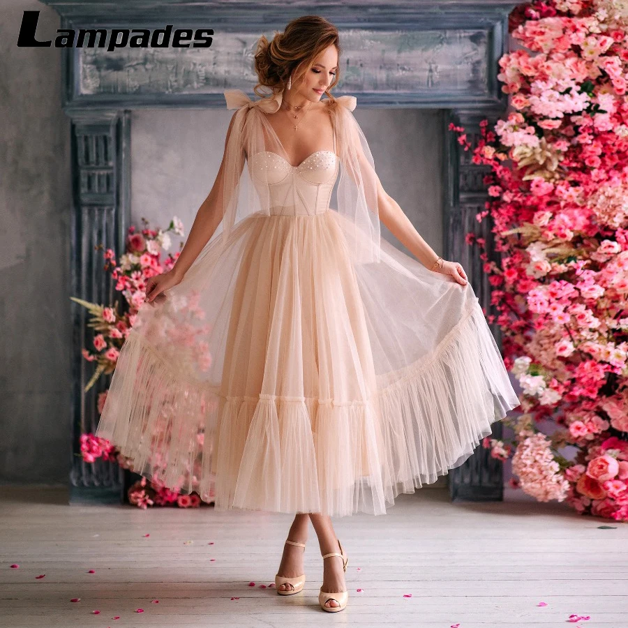 Vestidos De Cóctel De tul champán con tirantes finos, cristales, Fiesta De día y noche