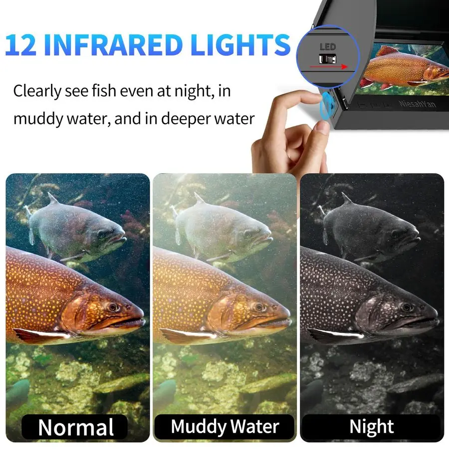 كاميرا صيد تحت الماء، كاميرا صيد على الجليد بعدسة عالية الدقة 1080 بكسل مع 12 قطعة من أضواء الأشعة تحت الحمراء، بطارية LiBattery 8000 مللي أمبير في الساعة، IP68 مقاومة للماء #3