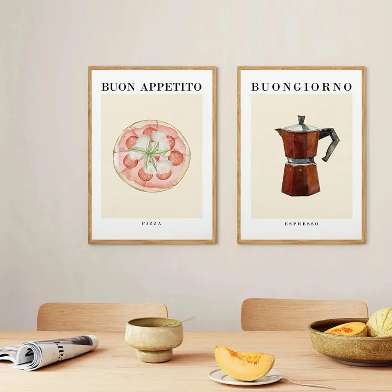 Retro Pizza Coffee Pasta Wine Vegetables Fruit Posters and Prints Canvas Printing Wall Art Picture for Kitchen Dining Room Decor
