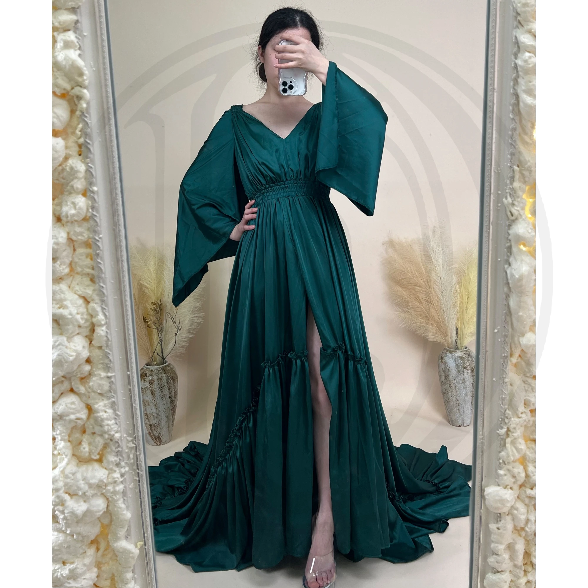 Boho Silk-like Dress for Women V-Neck Long Sleeve Front Slit Maix Gown Maternity Dresses Photoshoot Prop Christmas Party Gift