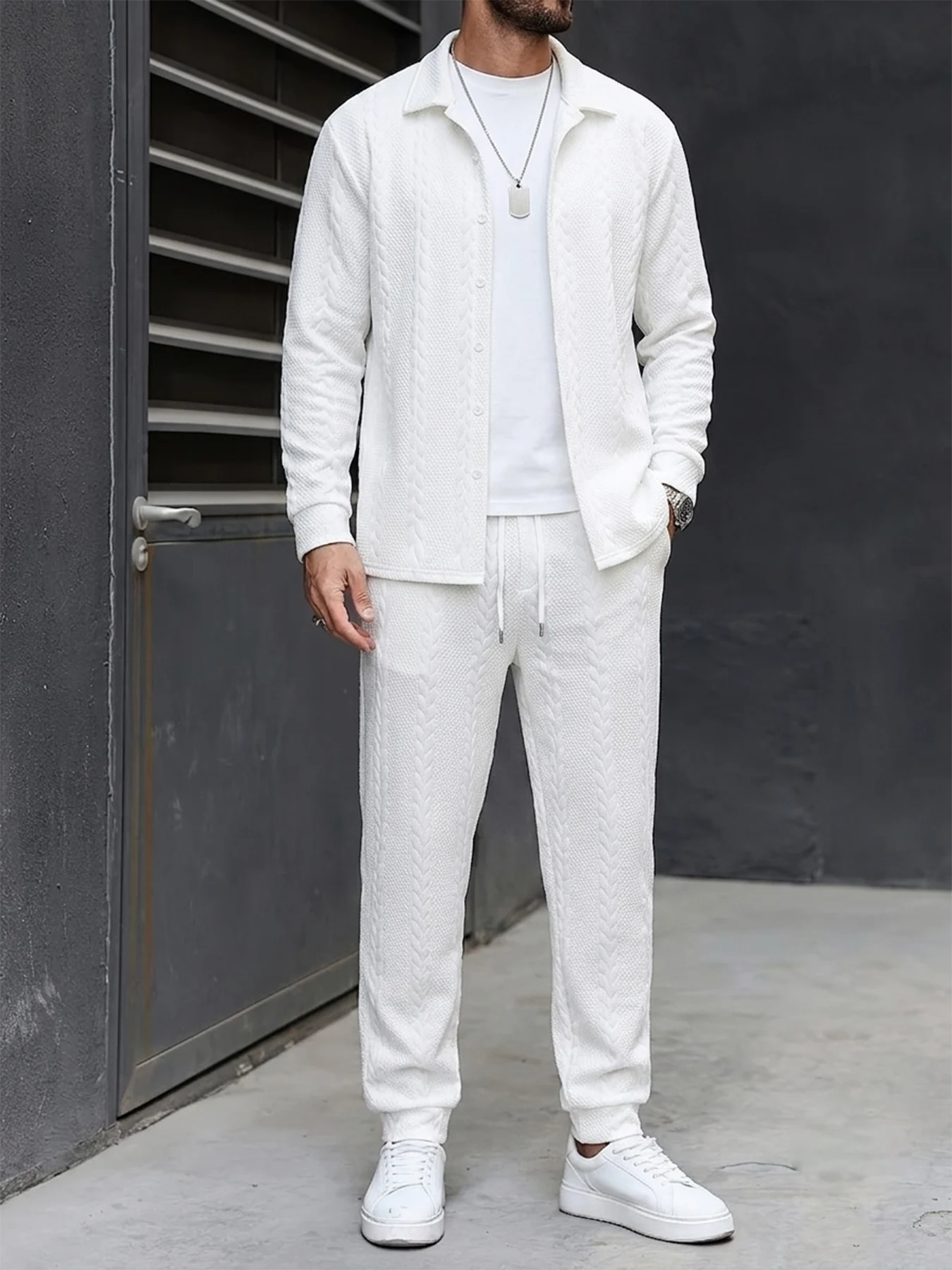 Men's Two-Piece Set: Jacquard Texture Shirt with Lapel Collar and Cable Knit Pattern, and Jogger Pants. White Textured Casual Set with a High-End, Mature Style. Complete Men's Outfit