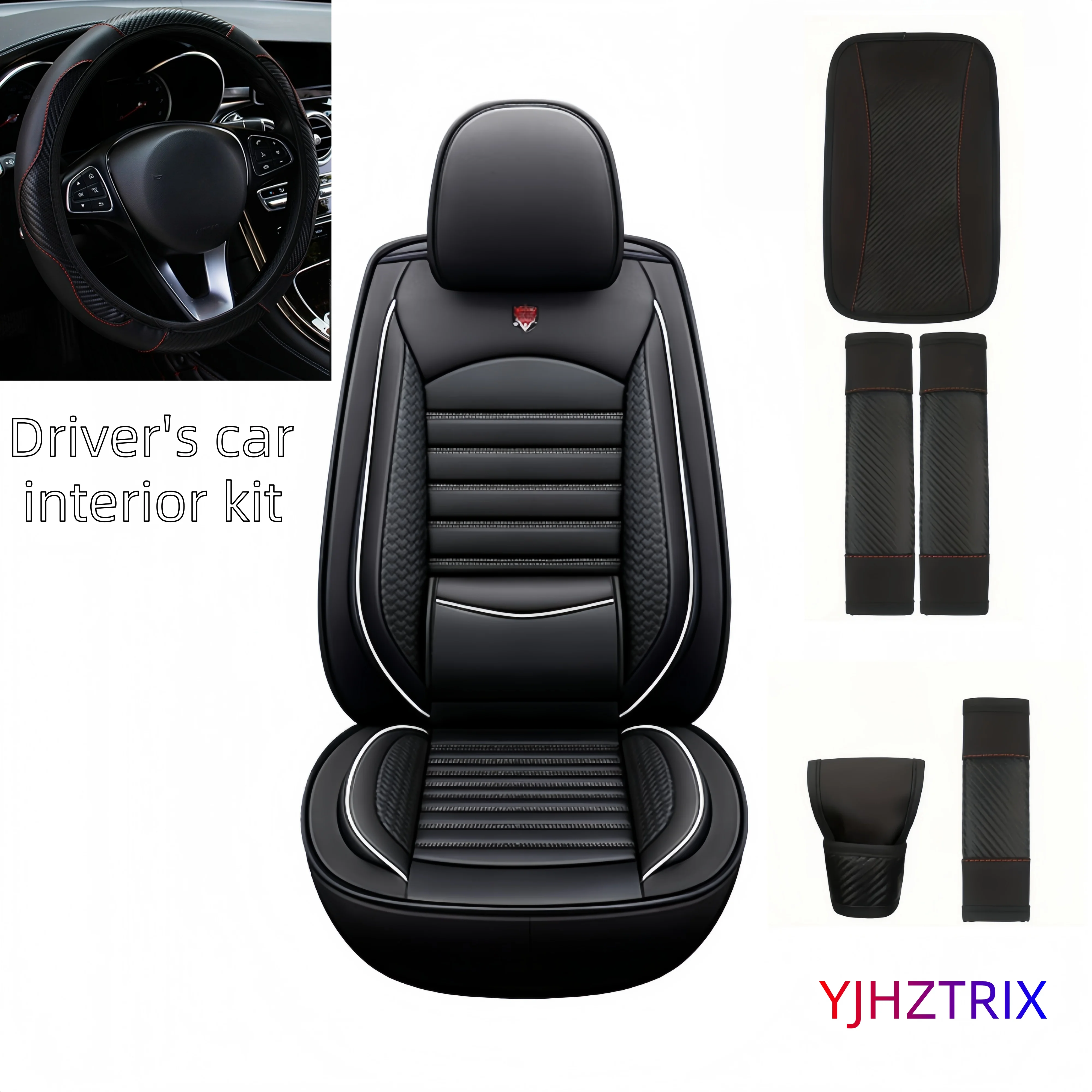 

Driver Exclusive Car Interior Upgrade Kit - Front Row PU Leather Seat Covers Carbon Fiber Pattern Steering Wheel Cover etc
