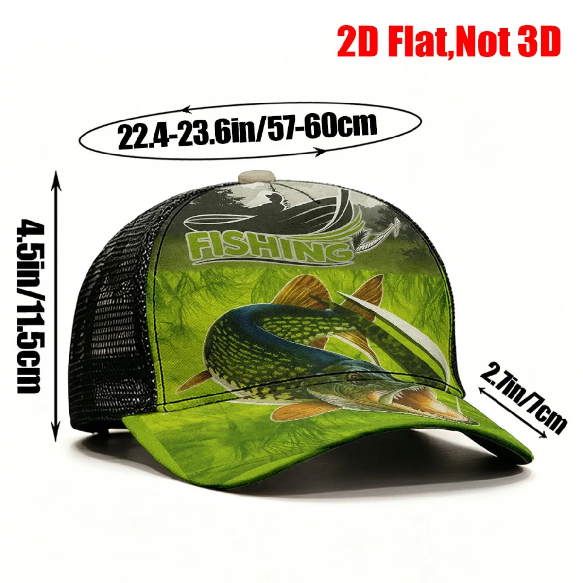 1pc 2D Flat Baseball Cap with Fishing Pike Fish Boat Outdoor Green Print Comfortable, Breathable Mesh, Durable
