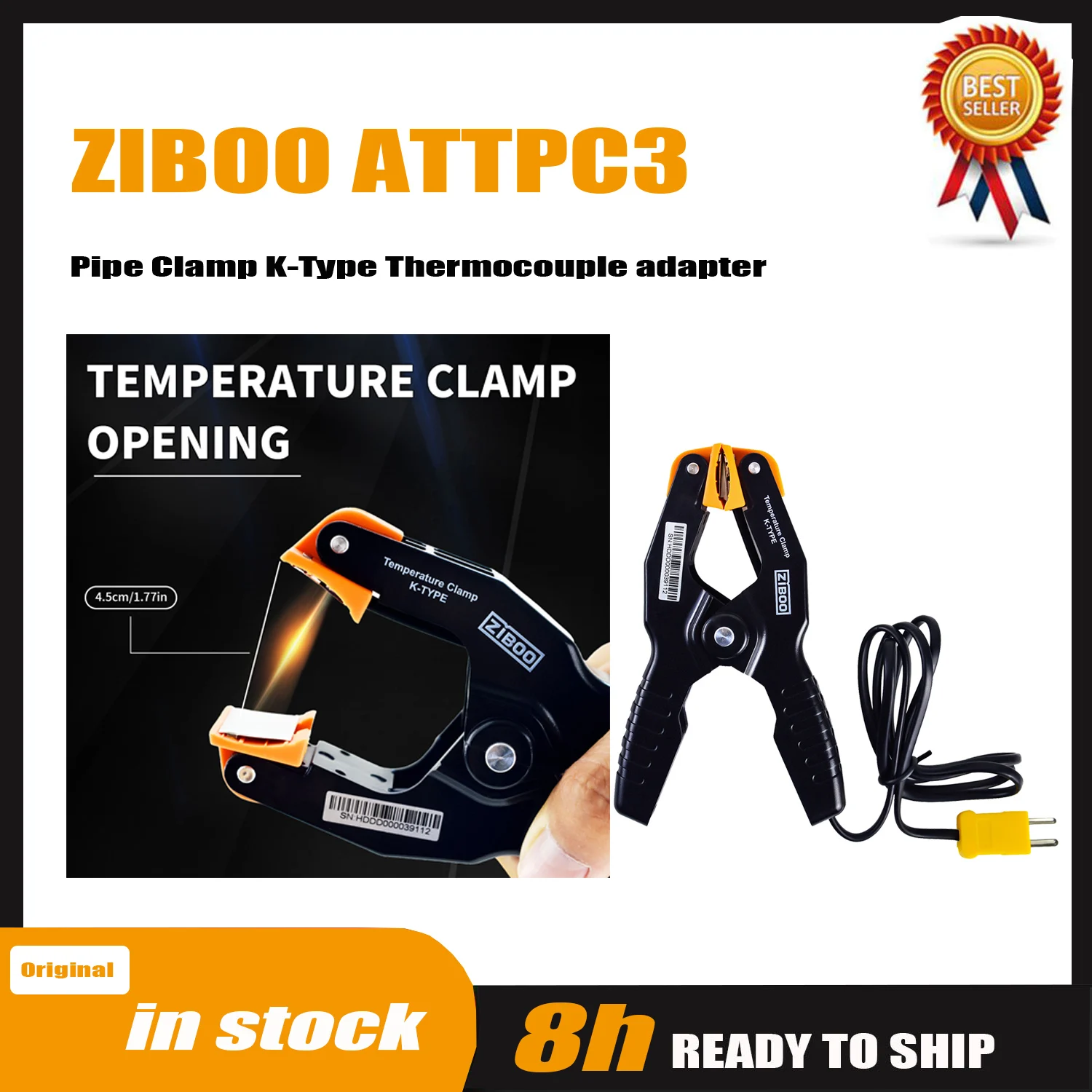 ZIBOO 69140 K-Type Thermometer, Pipe Temperature Clamp for HVAC, ATTPC3 Pipe Clamp K-Type Thermocouple Adapter.
