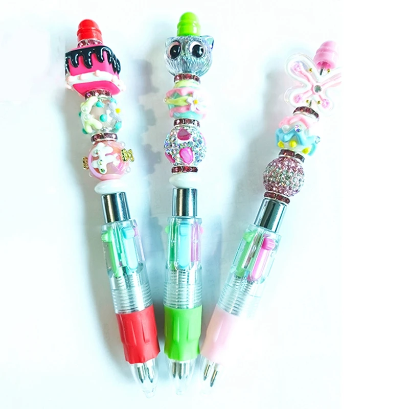 20Pcs 4-Color Refill Beaded Ballpoint Pen DIY Beadable Pens Student Stationery Plastic Gift Pen School Office Pen