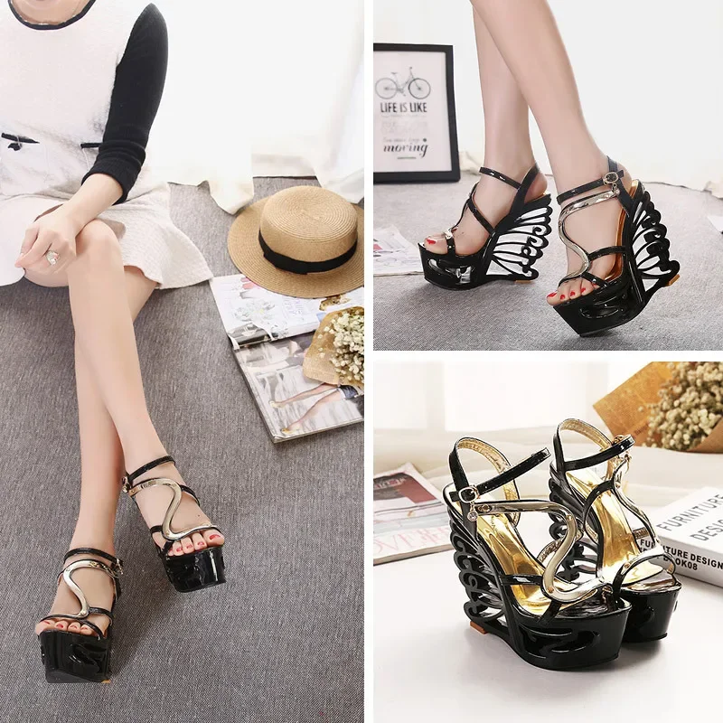 15 cm weiße, modische Sommersandalen aus Leder mit Schnallenverschluss, Metallverzierung und Plateauabsatz, Super-High-Heel-Sandalen, Damen-Slipper