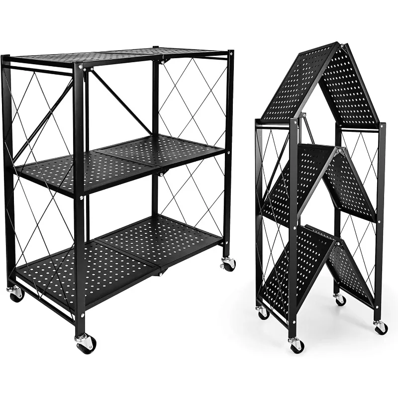 

3-Tier Foldable Metal Heavy Duty Storage Shelving Unit with Wheels, Organizer Shelves for Kitchen Holds up to 750 lbs Capacity