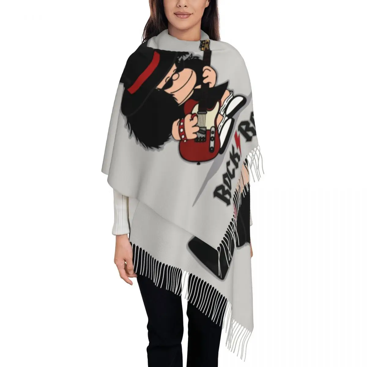 

Stylish Comic Mafalda Rock Guitar Tassel Scarf Women Winter Fall Warm Shawls Wraps Female Cartoon Quino Manga Scarves