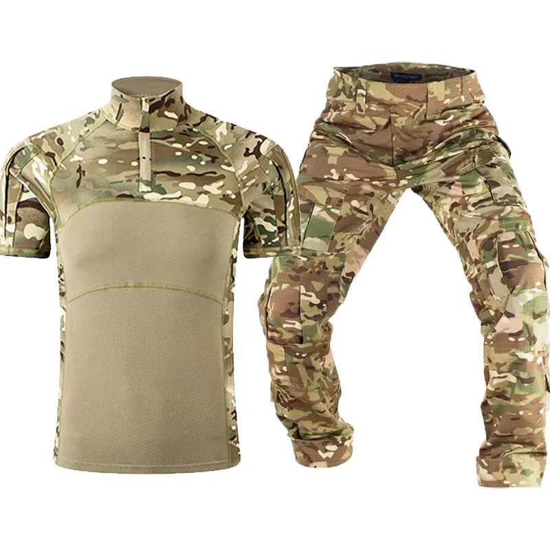 Waterproof Training Set Mens Tactical Camo Patchwork T-shirt+Durable Multi Pockets Overalls Combat Uniform Summer Hunting Suit