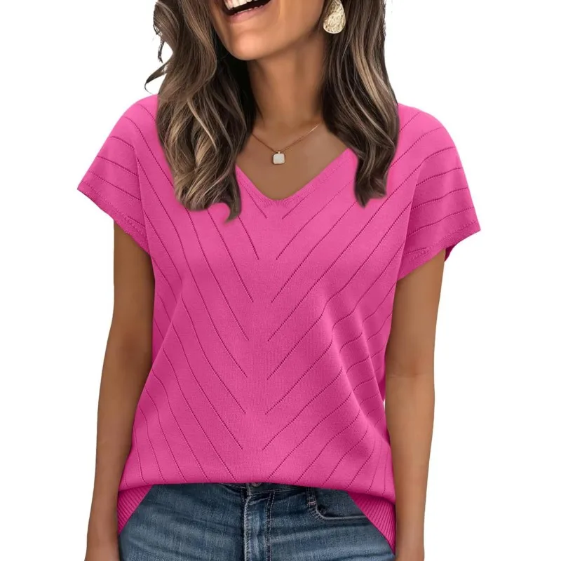 الملابس النسائية أوروبا أمريكا كل مباراة متماسكة تي شيرت صيف 2025 جديد غير رسمي فضفاض الخامس الرقبة قصيرة الأكمام البلوز سيدة الصلبة القمم #4