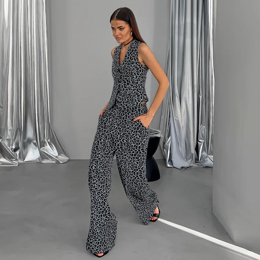 Street Retro Leopard Print Suit Spring New Casual Vest Trousers Two-piece Set Design Sense Women's Clothing