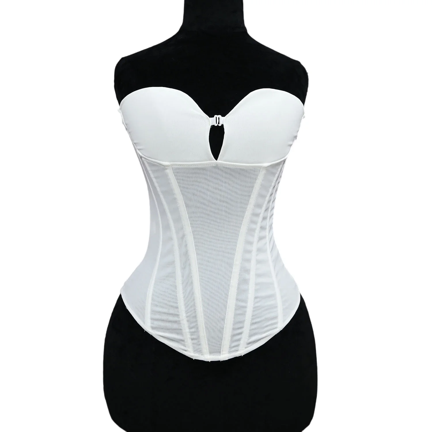 Women Strapless Double Layer Mesh Overbust Corset Bustier Zipper Boned Elastic Crops Party Stage Costume