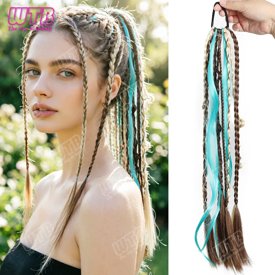 WTB Synthetic Wig Elastic Band Style Blue Highlights Ethnic Style Braided Wig Suitable for Women to Wear on Holidays and Events