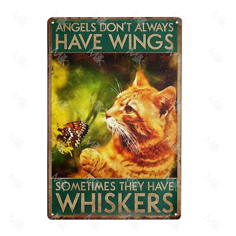 Angels Don't Always Have Wings Sometimes They Have Whiskers Metal Tin Sign Cat Retro Sign Living Room Coffee & Bar Wall Decor