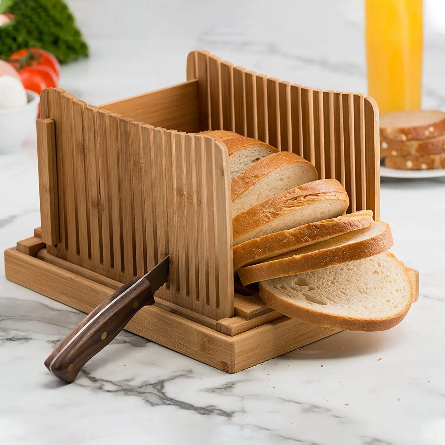 Guía de corte para rebanador de pan de bambú, cortador de pan de madera para pan casero, pasteles de pan, bagels plegables y compactos con migas