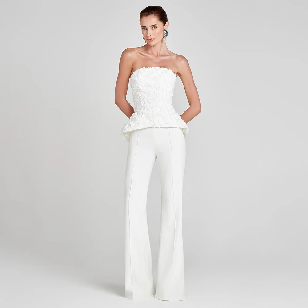 Women White Flower Embellished 2 Pcs Set Strapless 3D Flower Top High Waist Slim Long Pant  Evening Club Luxury Birthday Outfit