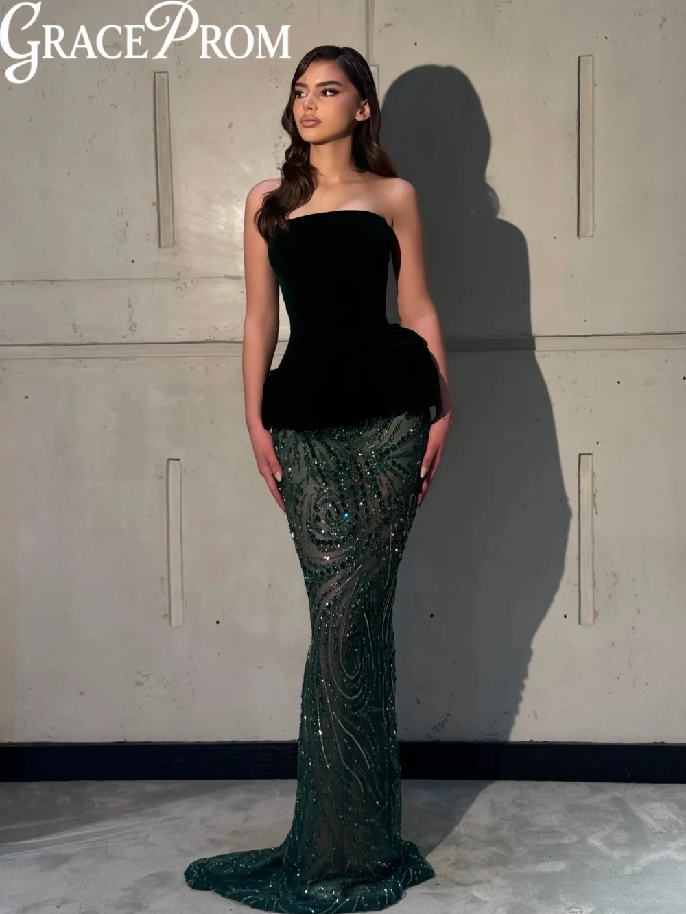 

Velvet Corset Green Embroidery Evening Dress Sparkly Crystal Strapless Mermaid Wedding Party Gown Customized Long Prom Dresses