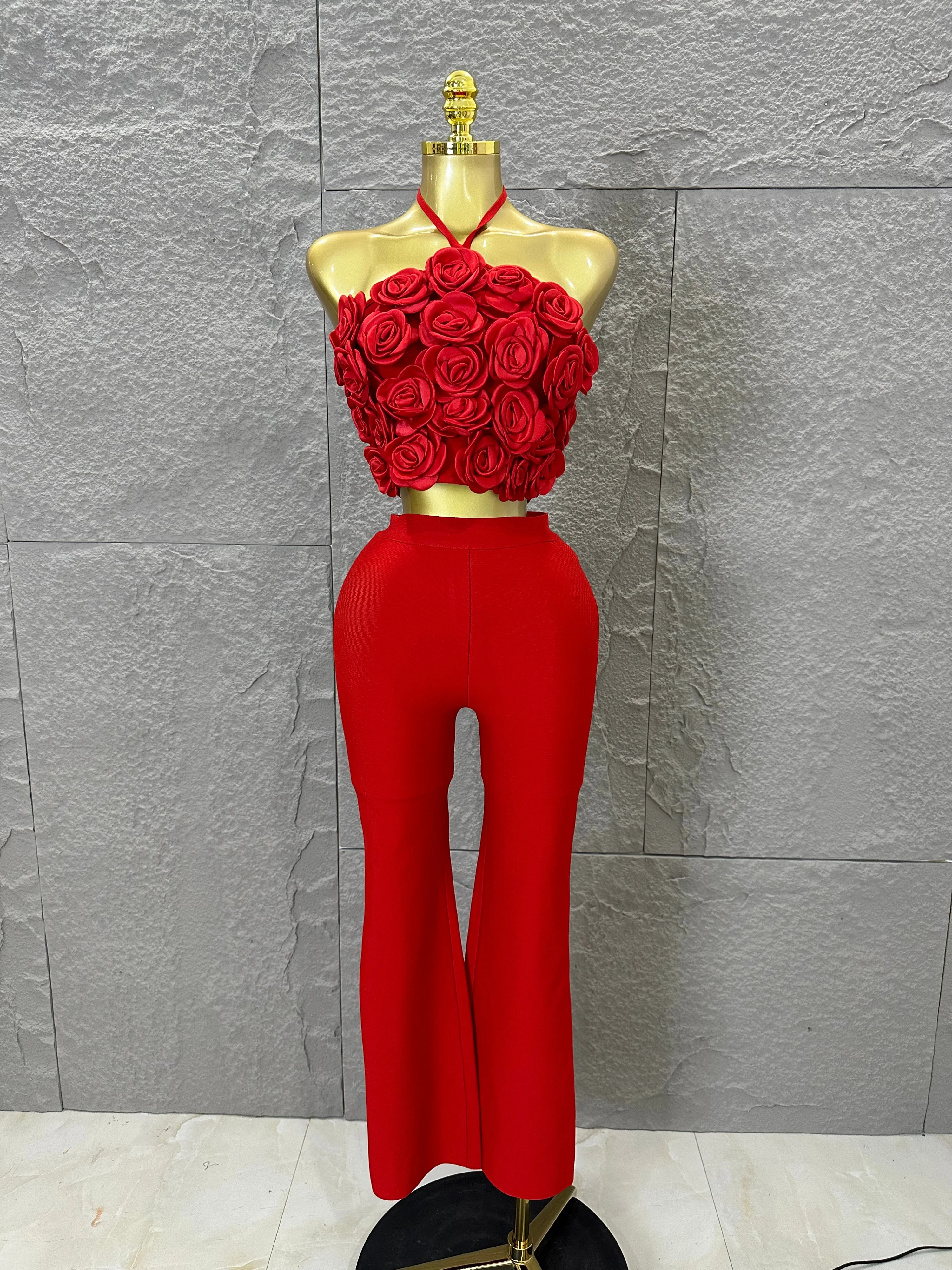 Elegant Two Piece Set Women Halter 3D Flower Crop Top High Waist Flare Pants Bandage Suit Party Casual Formal Wear
