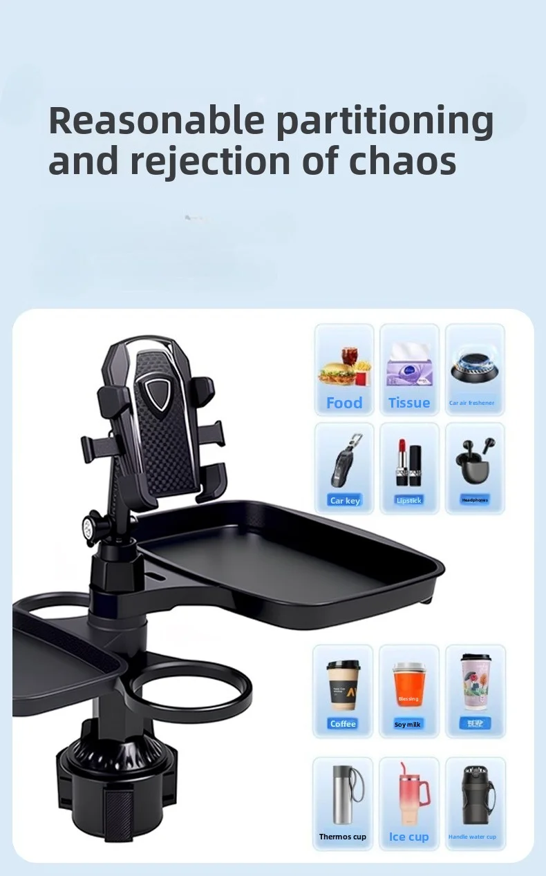 Faltbarer Auto-Getränkehalter mit Telefonhalterung, Erweiterbarer Getränkeständer mit Essteller, Drehbarer Fahrzeug-Organizer für Roadtrips – Detail 2