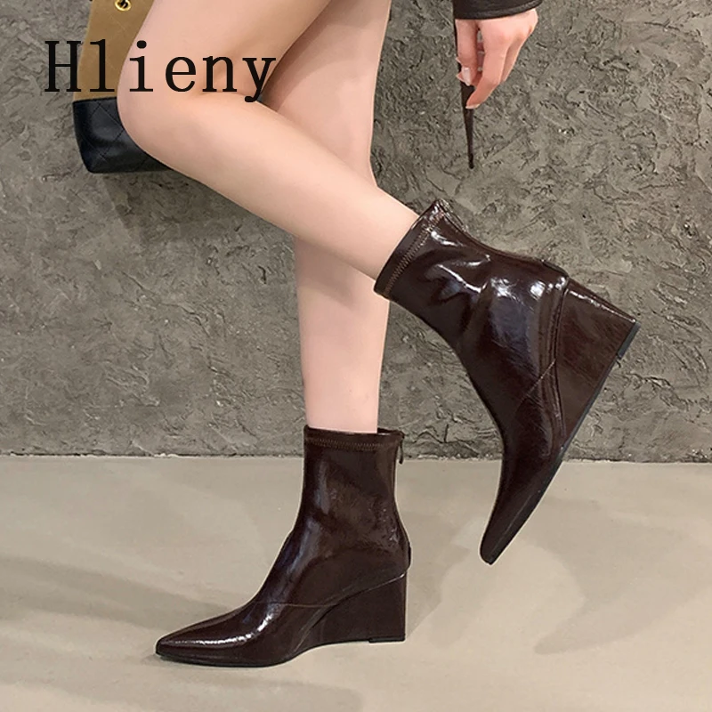 

Hlieny Autumn Winter Vintage Pointed Toe Women Ankle Boot Fashion Wedges Heels Banquet Prom Female Shoes Short Botas Mujer