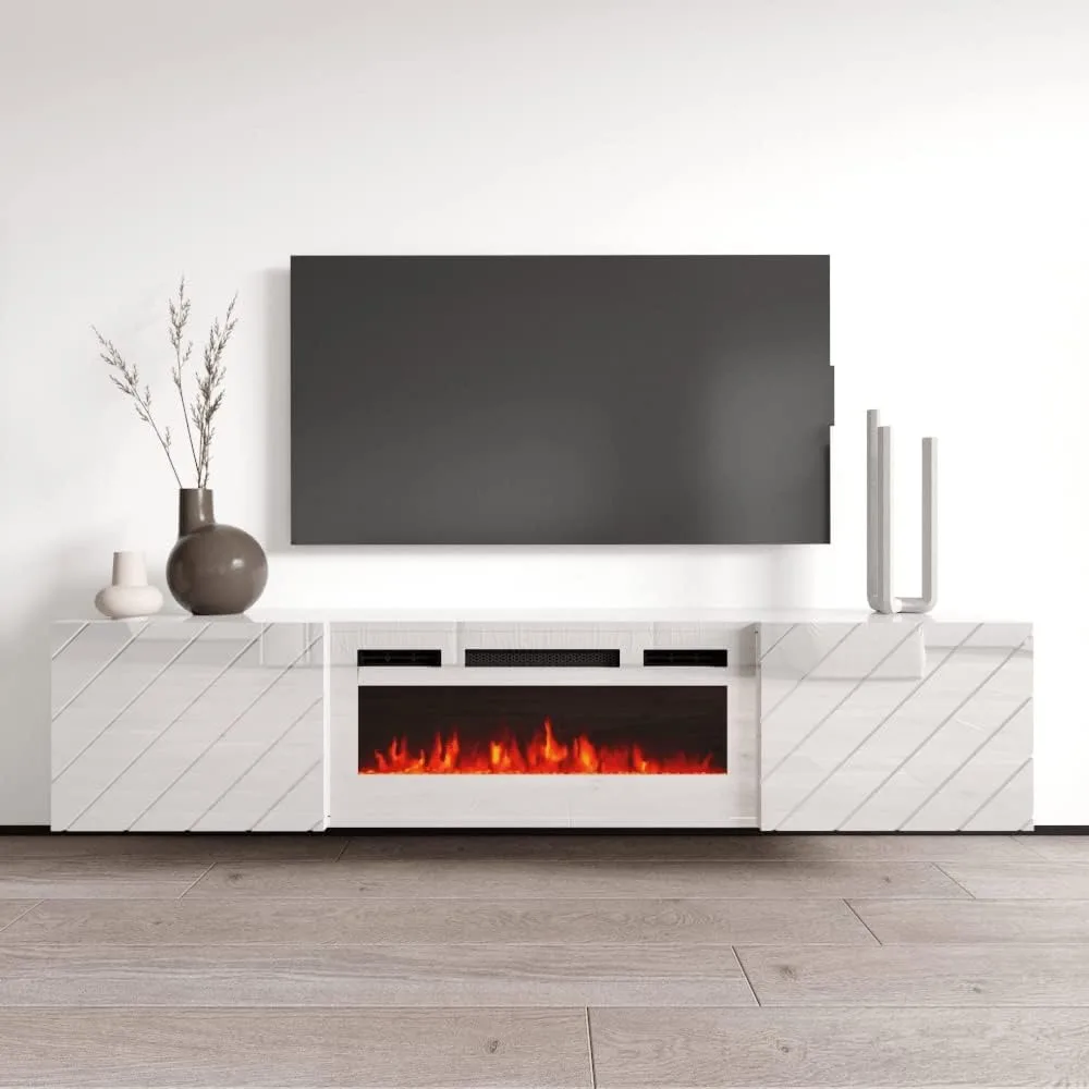 

Meble Furniture Luxe Bl-Ef TV Stand with Electric Fireplace - Modern Rectangular TV Stand with Storage Cabinets - Media Entertai