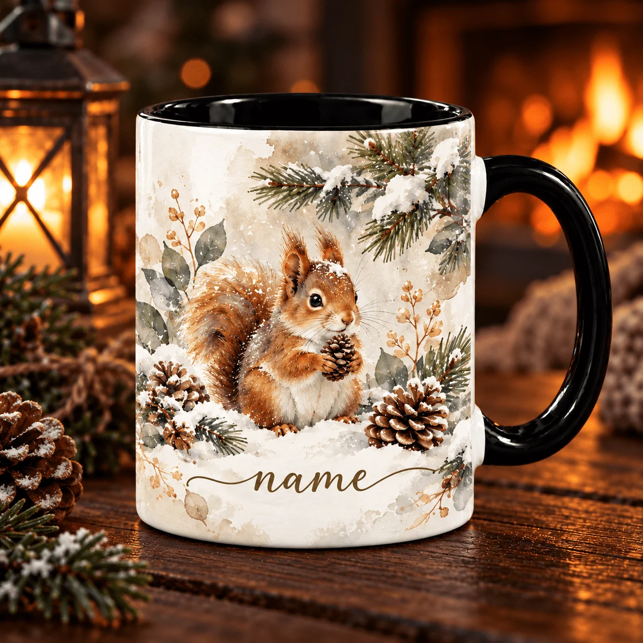 2D Flat Printing 1pc 11oz Custom Name Winter Squirrel Pinecone Watercolor Mug, Christmas Forest Gift For Animal Lover, Hand Wash