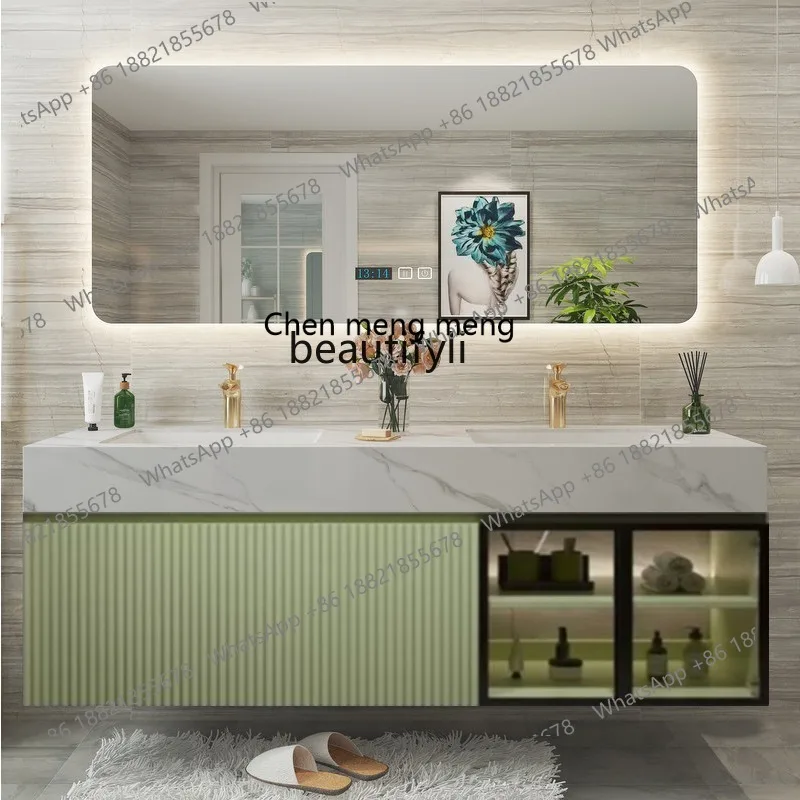 Modern Light Luxury Glass Door Bathroom Cabinet Solid Wood Rock Board Seamless Basin Washroom Wash Basin Cabinet Set