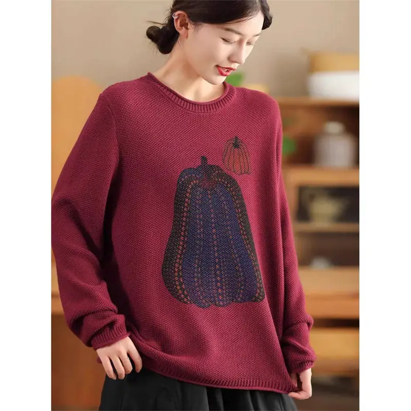 Autumn/Winter Retro Cotton Thread Pullover Women's Artistic Printed Knitted Sweater Loose Large Size Casual Round Neck Top a499