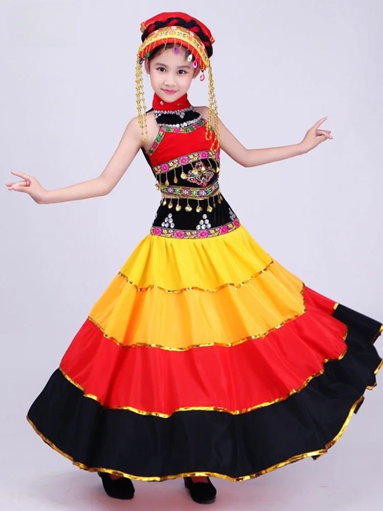 

National Children's Dance Costume July Torch Festival Ethnic Minori Clothing Girls' Performance Outfit Polyester Material