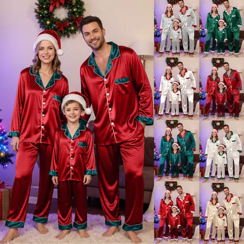 Family Christmas Pajamas Matching Sets 2026 Silk Satin Plus Size Casual Matching Sets For Mom And Dad Family Matching Pajamas