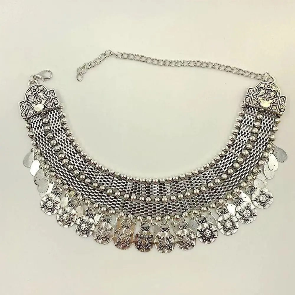 Silver Color Vintage Necklaces Geometric Shape Alloy Chunky Necklaces Coin Pendant Tassel Design Turkish Necklaces Boho Style