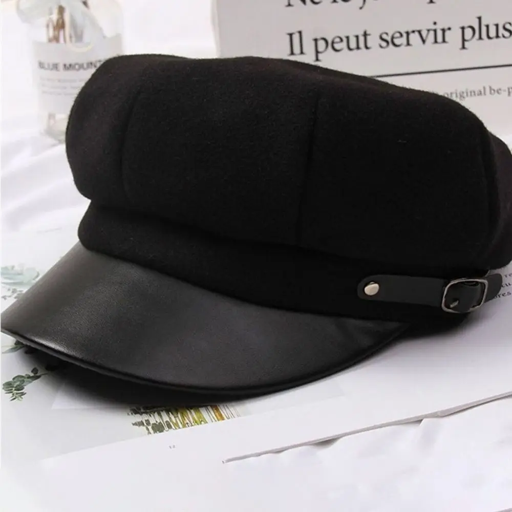Fashion Octagonal Newsboy Caps Leather Brim Woolen Cloth Painter Tour Cap Retro British Gatsby Cap Spring Autumn Winter