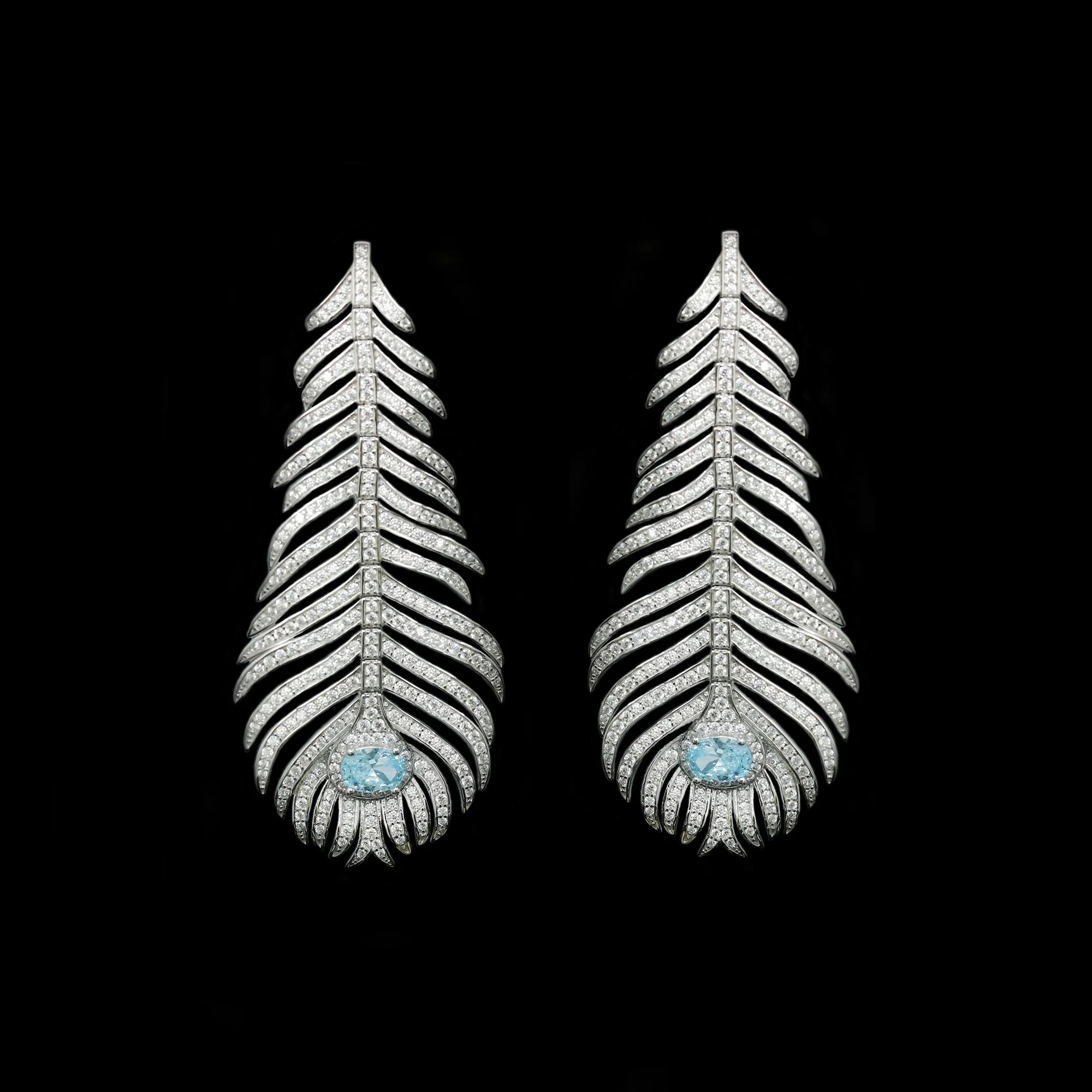 

925 Sterling Silver Drop Earrings Artificial Aquamarine Luxury Peacock Feather Design Fine Jewelry for Women's Anniversary Gifts