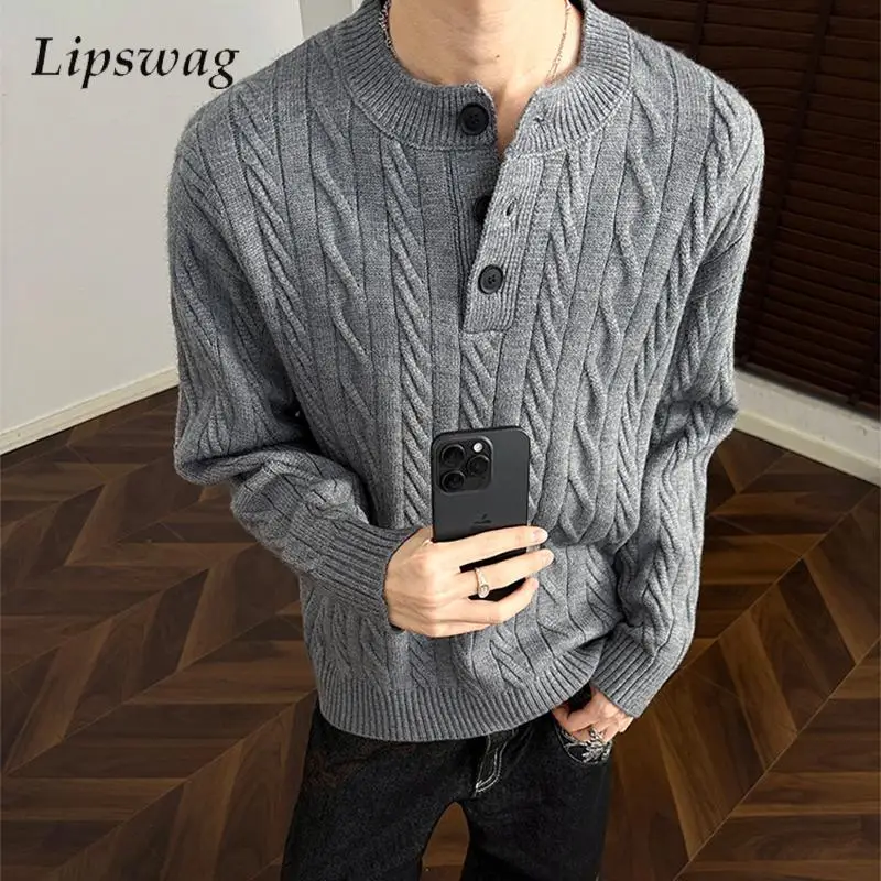 

Trendy Mens Twist Jacquard Sweaters 2025 Fall Winter Casual Buttoned Henley Shirt Knitting Men Long Sleeve Slim Fit Sweater