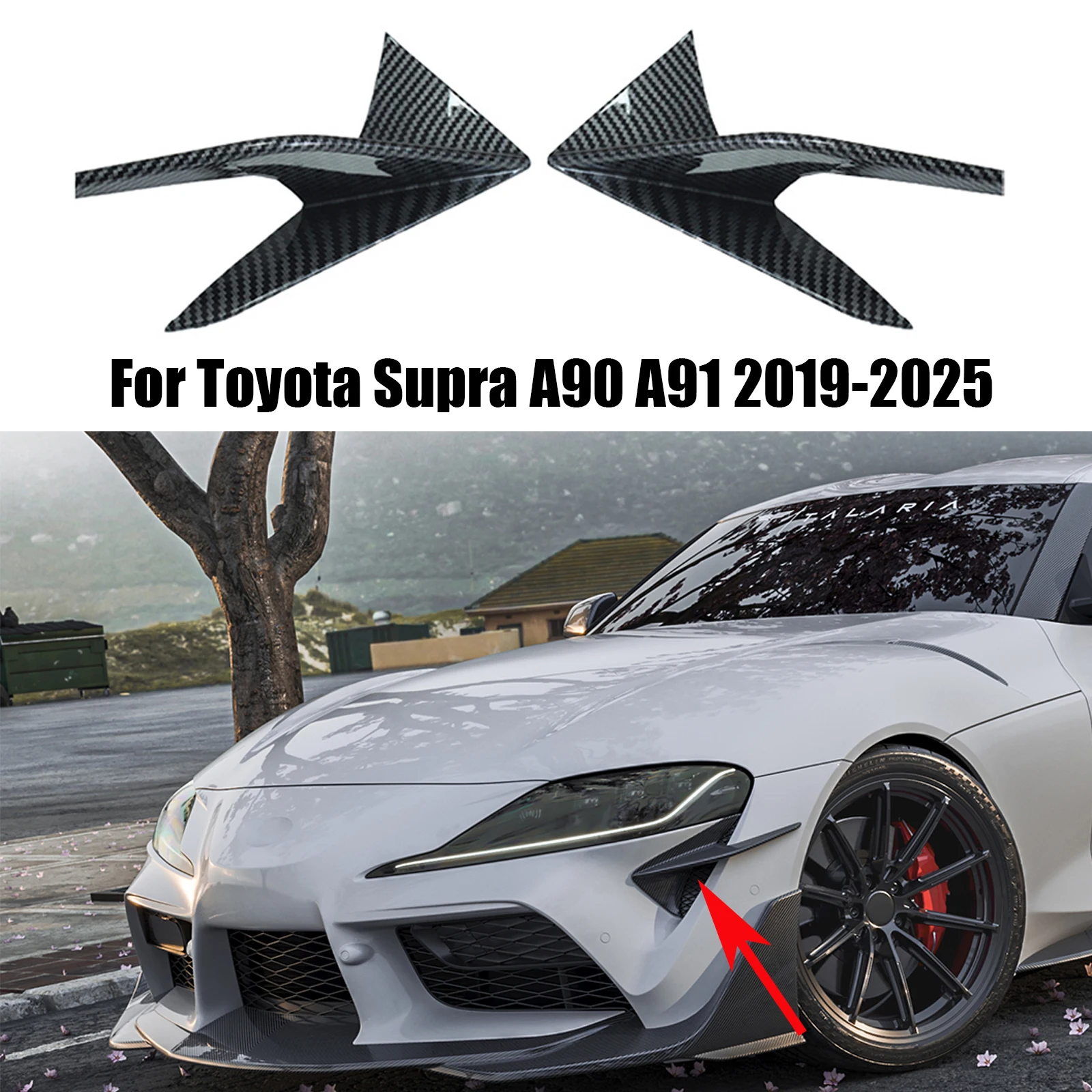 Передний бампер, канавки, спойлер, вентиляционное отверстие, самолеты, комплект кузова для Toyota Supra A90 A91 2019-2025, глянцевый черный вид из углеродного волокна Передний бампер, канавки, спойлер, вентиляционное отверстие, самолеты, комплект кузова для Toyota Supra A90 A91 2019-2025, глянцевый черный вид из углеродного волокна