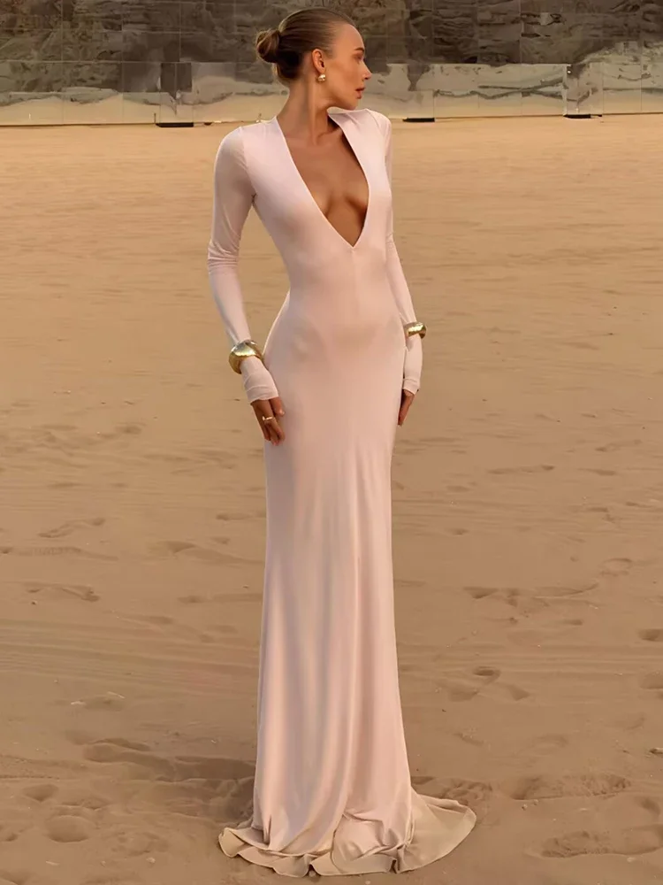 

Deep V Neck Long Sleeve Sexy Maxi Dress Women Gown Autumn Fashion Solid See Through Bodycon Club Party Long Dress