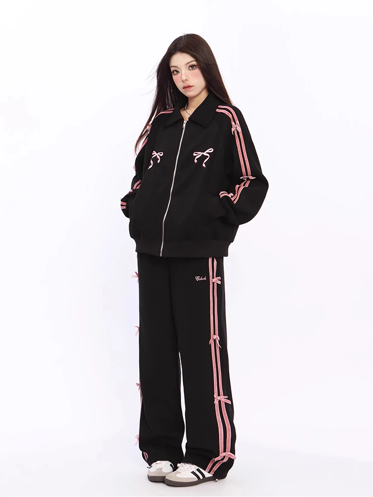 Pink Bow Embroidery 2 Piece Set Women Y2k Sweet Korea Zipper Jacket Wide Leg Pants Two-Piece Sets Harajuku A-line Skirt Suits