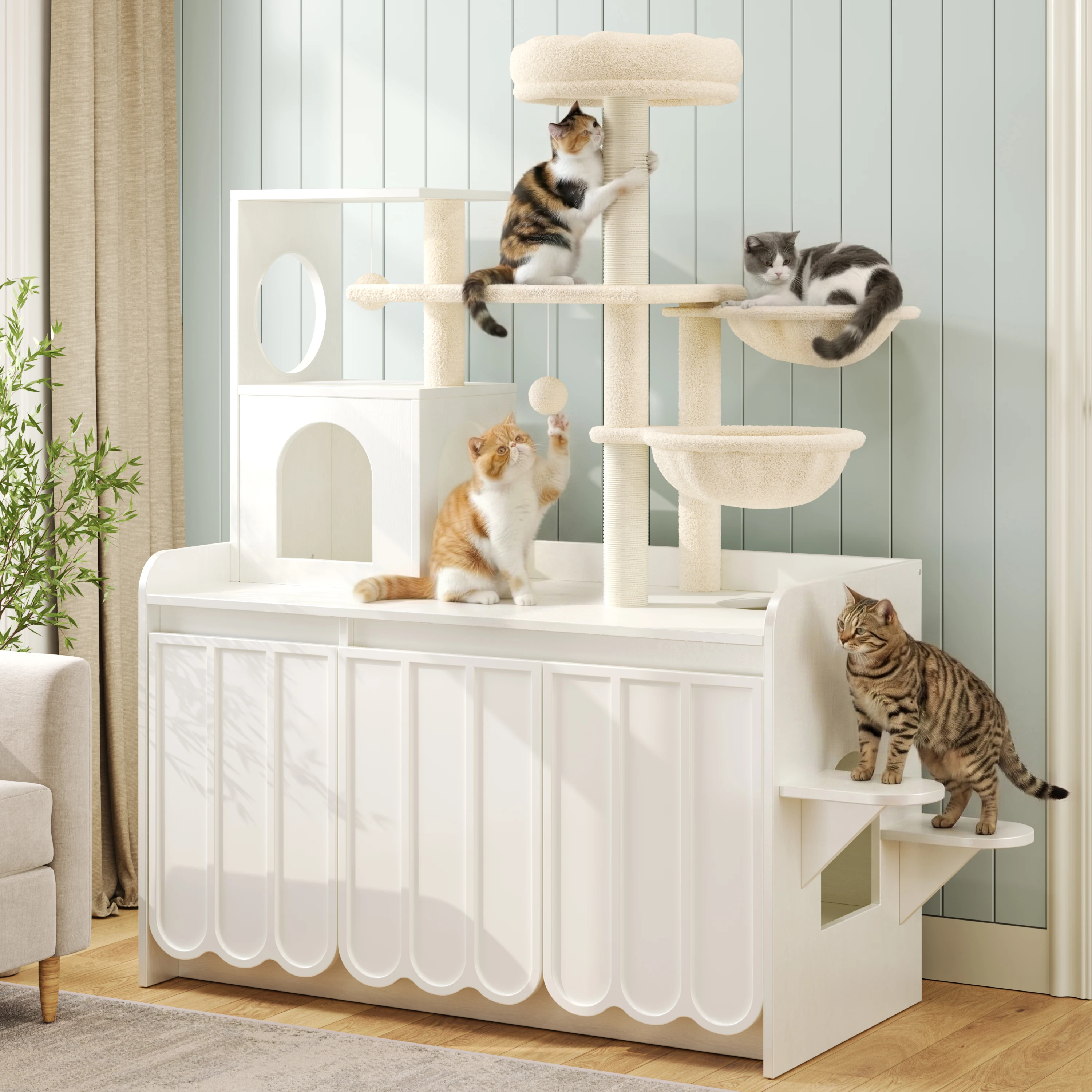 Eco-friendly 5-Level Cat Tree Hidden Litter Box Enclosure All-in-One Modern Cat Tower Storage Space Sisal Post Hammock Carton